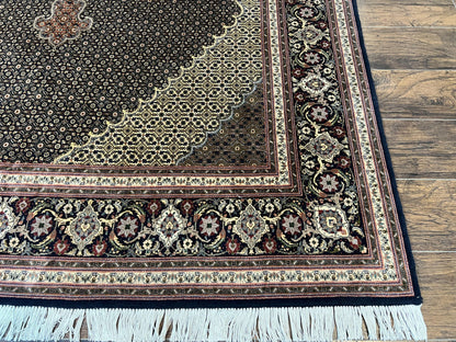 Persian Tabriz Rug 7x10, Very Fine 330 KPSI 50 Raj, Black and Beige, Handmade Wool Vintage Persian Carpet - Nuvé
