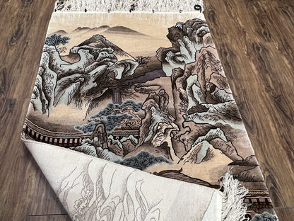 Silk Chinese Wall Hanging Rug 3x6 ft Tapestry, Pagoda Scene, Pictorial, High Quality Fine Hand Knotted Vintage, Asian Oriental Handmade Nice