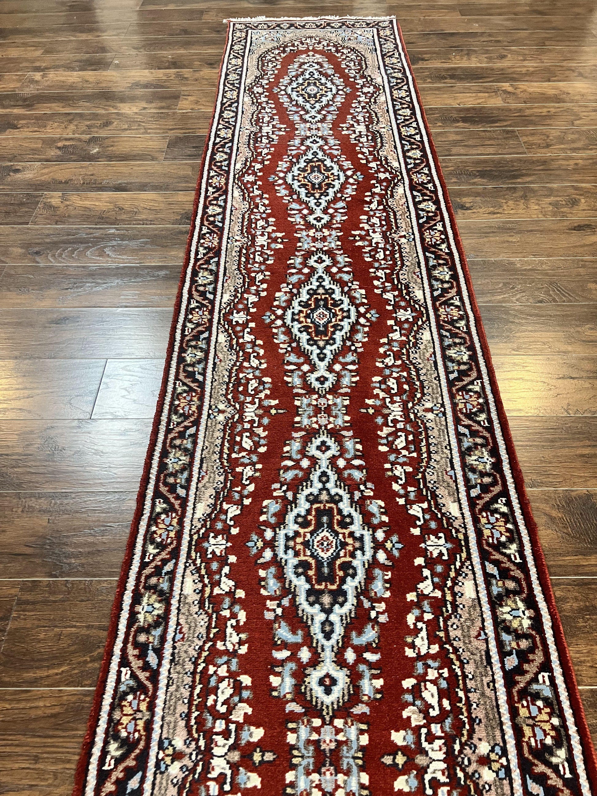 Indo Persian Runner Rug 2.8 x 14.8, Long Indo Kirman Hallway Rug, Red Floral Wool Vintage Handmade Oriental Runner - Nuvé