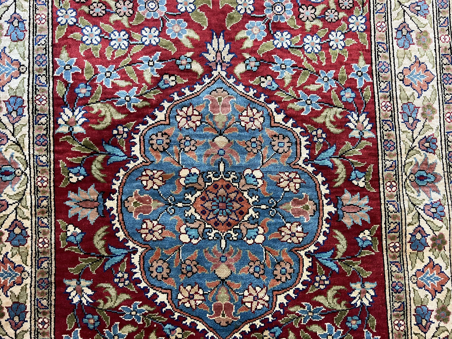 Silk Turkish Kayseri Rug 2x3, Small All Silk Turkish Carpet, Red and Light Blue, Very Fine Hand Knotted Semi Antique Vintage Handmade Rug - Nuvé