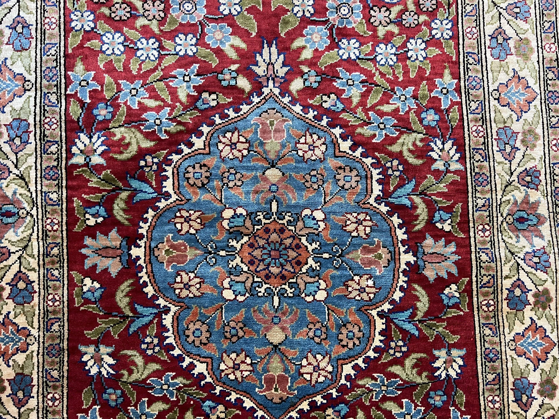 Silk Turkish Kayseri Rug 2x3, Small All Silk Turkish Carpet, Red and Light Blue, Very Fine Hand Knotted Semi Antique Vintage Handmade Rug - Nuvé