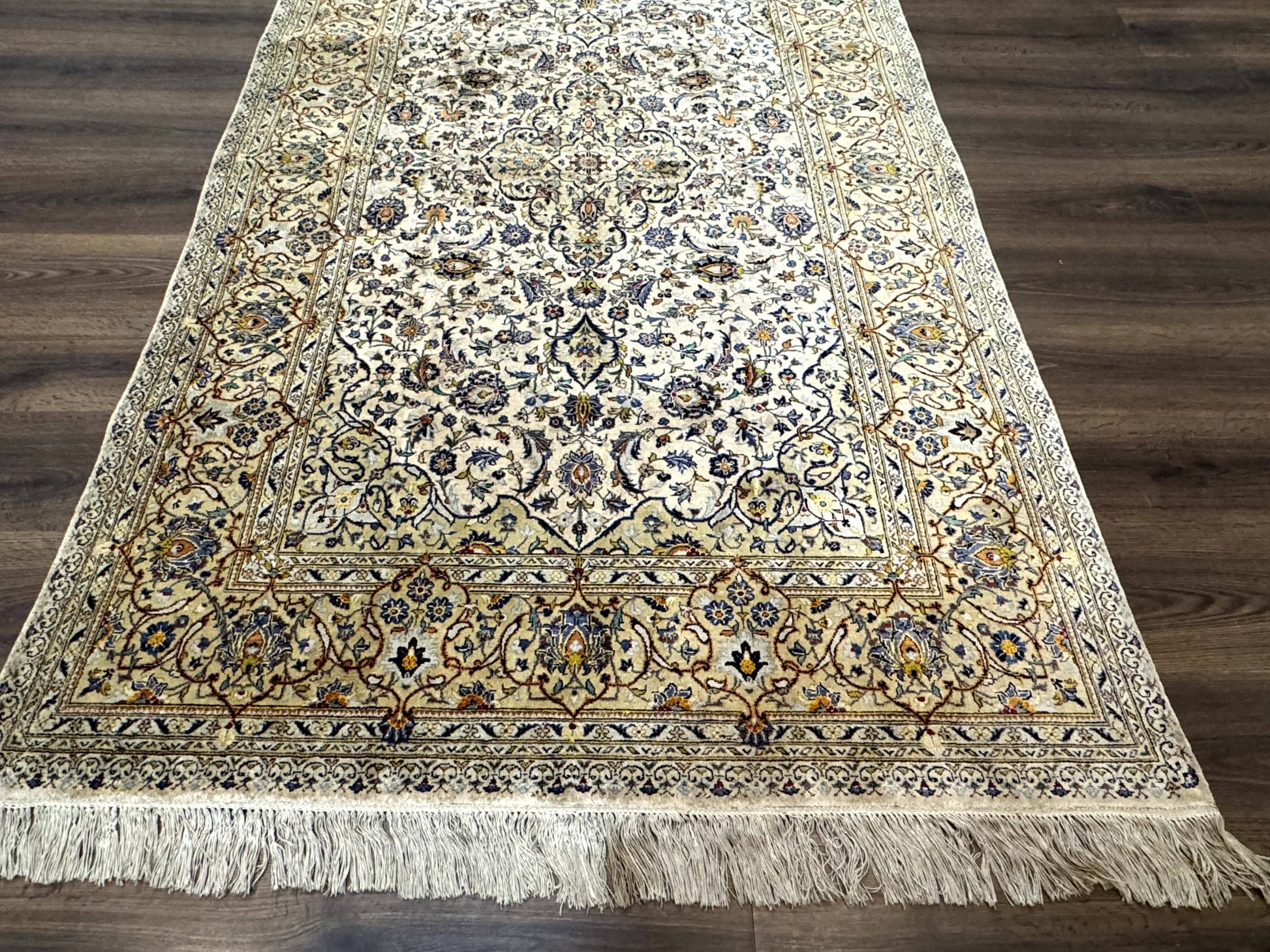 Rare Silk Persian Kashan Rug 4.6 x 7, Antique Fine 310 KPSI, Ivory - Nuvé