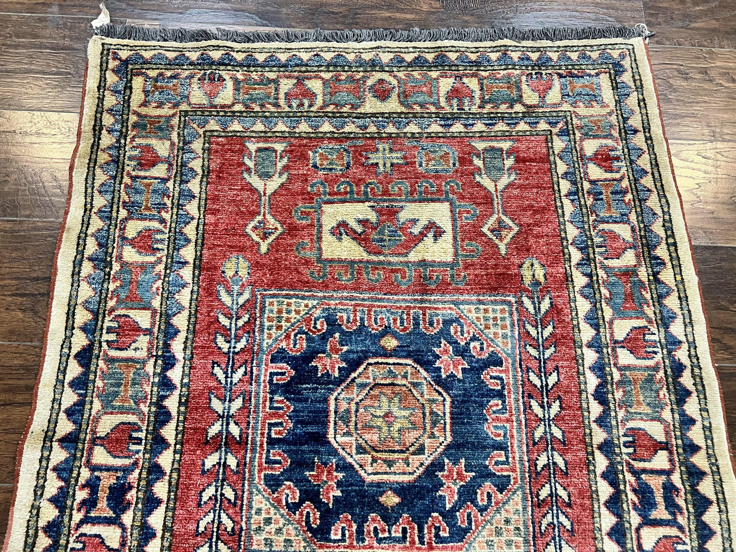 Turkish Kazak Rug 3x4, Wool Hand Knotted Small Vintage Carpet, Red Navy Blue, 3 x 4 Oriental Rug, Geometric Design - Nuvé