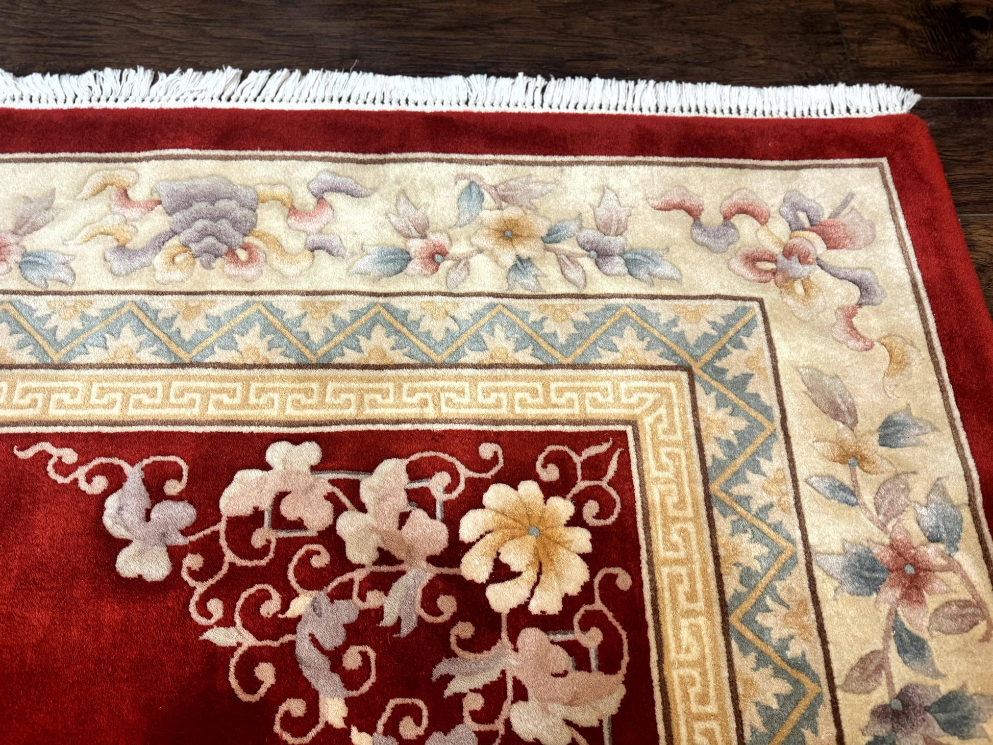 Chinese Wool Rug 8.6 x 11, Red and Beige Asian Oriental Carpet, Plush Pile, Vintage Handmade Chinese Carving Sculpted Rug, Semi Open Field - Nuvé