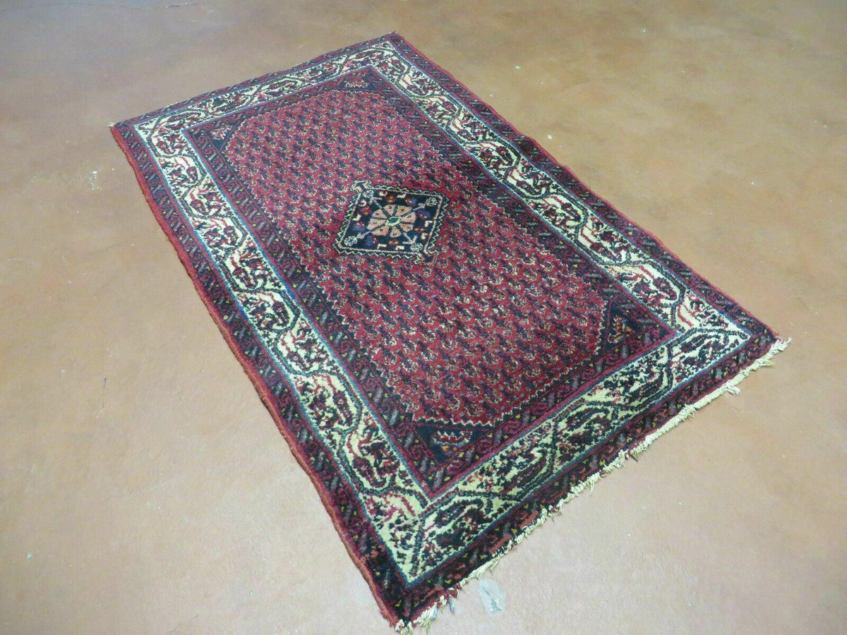 2.5' X 4' Vintage Handmade Indian Amritsar Wool Rug Paisley Design Red