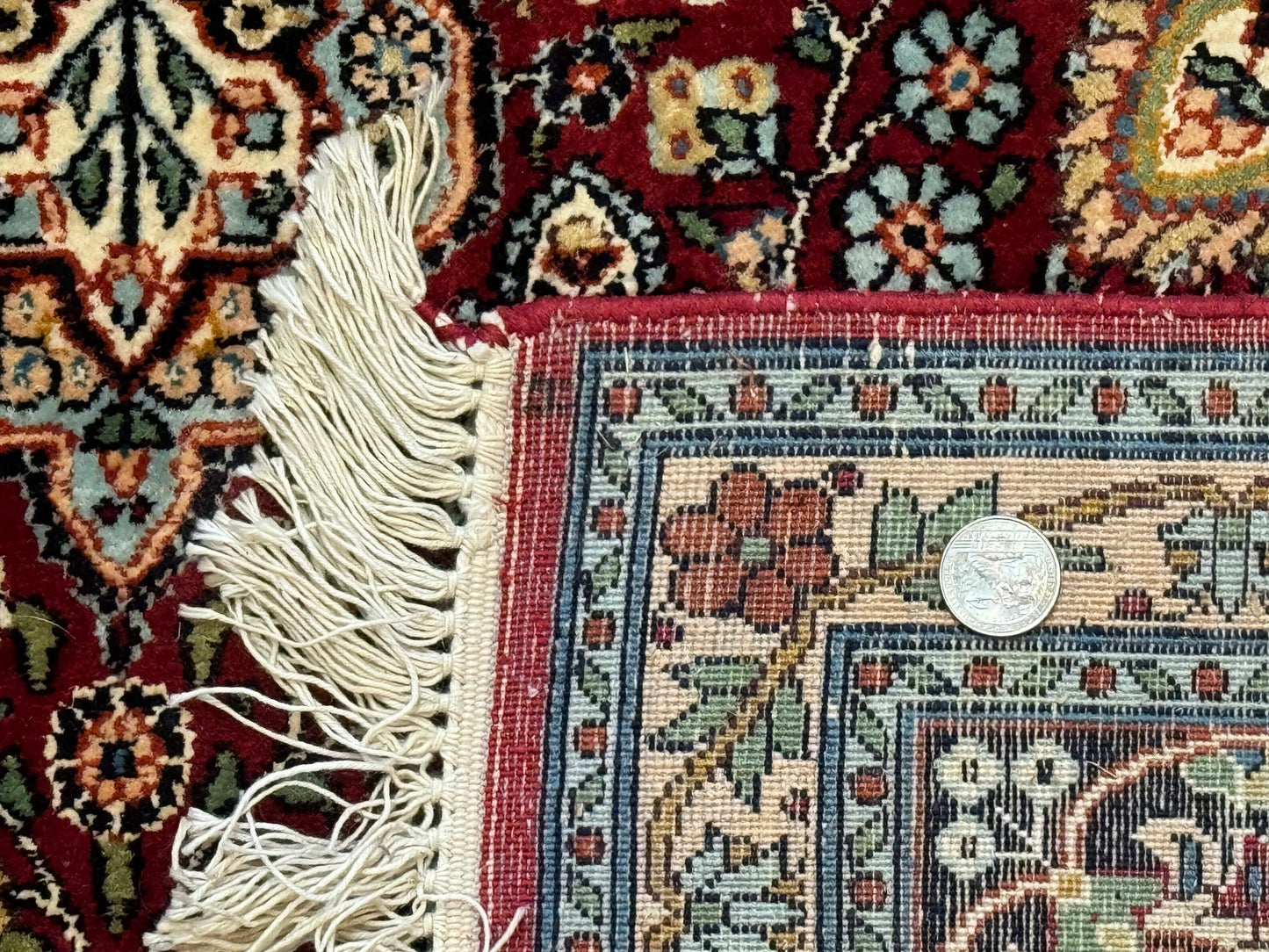 Indian Kashmiri Silk Rug 6x9, Red and Navy Blue, Floral Medallion, Fine 275 KPSI - Nuvé