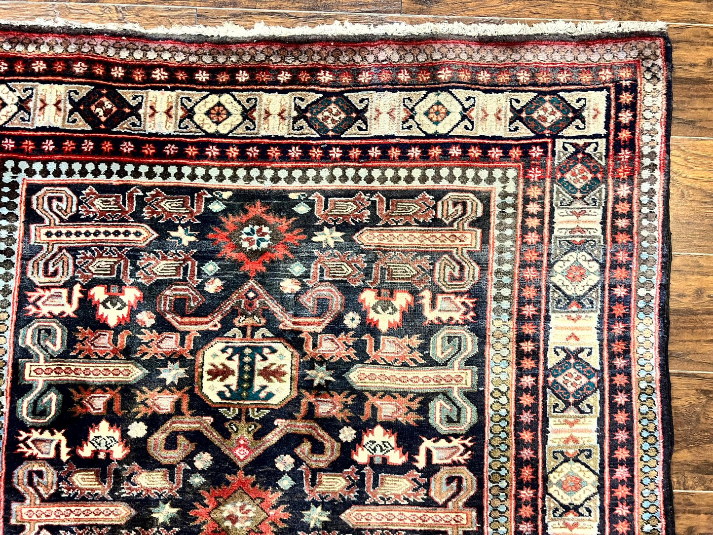 Persian Wide Runner Rug 4.8 x 10, Persian Kalegi Ardabil Rug, Perpedil Caucasian Rug, Antique Handmade Wool Carpet, Navy Blue Red, Tribal Rug - Nuvé
