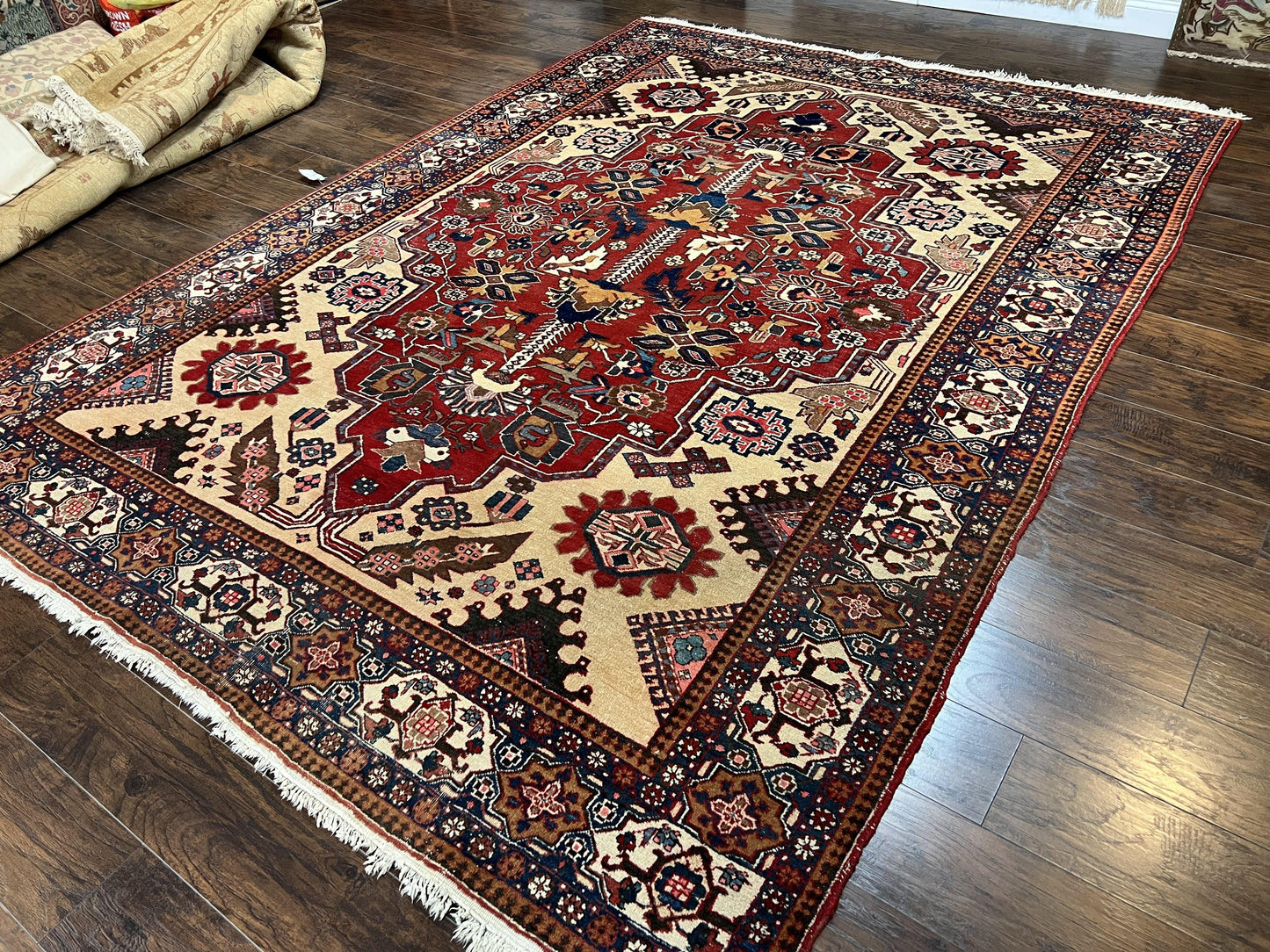 Antique Persian Heriz Rug 8x12 ft, Geometric Tribal Room Sized Carpet, Camel Hair Red Navy Blue, Wool Hand Knotted Medallion Oriental Carpet - Nuvé