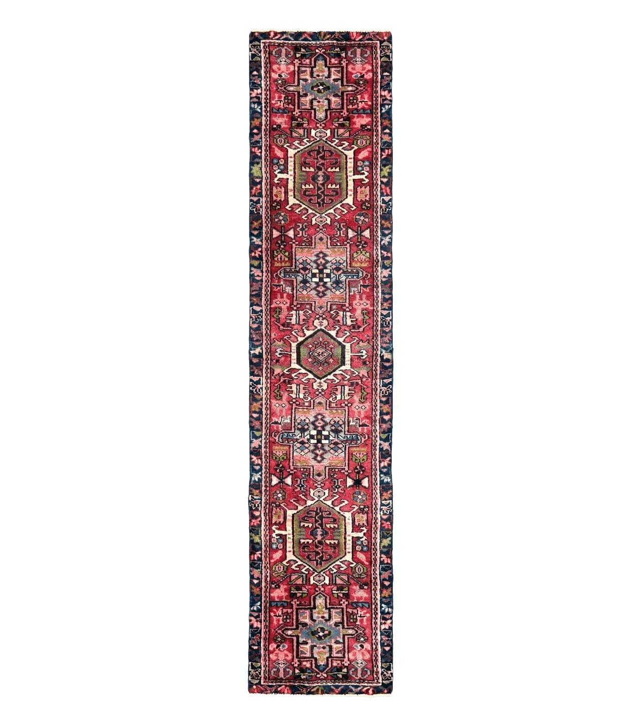 Persian Heriz Karajeh Runner Rug 2x9, Geometric Medallions, Red Navy Blue, 2 x 9 Rug for Hallway
