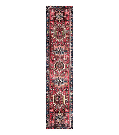 Persian Heriz Karajeh Runner Rug 2x9, Geometric Medallions, Red Navy Blue, 2 x 9 Rug for Hallway