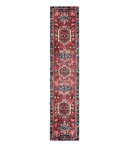 Persian Heriz Karajeh Runner Rug 2x9, Geometric Medallions, Red Navy Blue, 2 x 9 Rug for Hallway