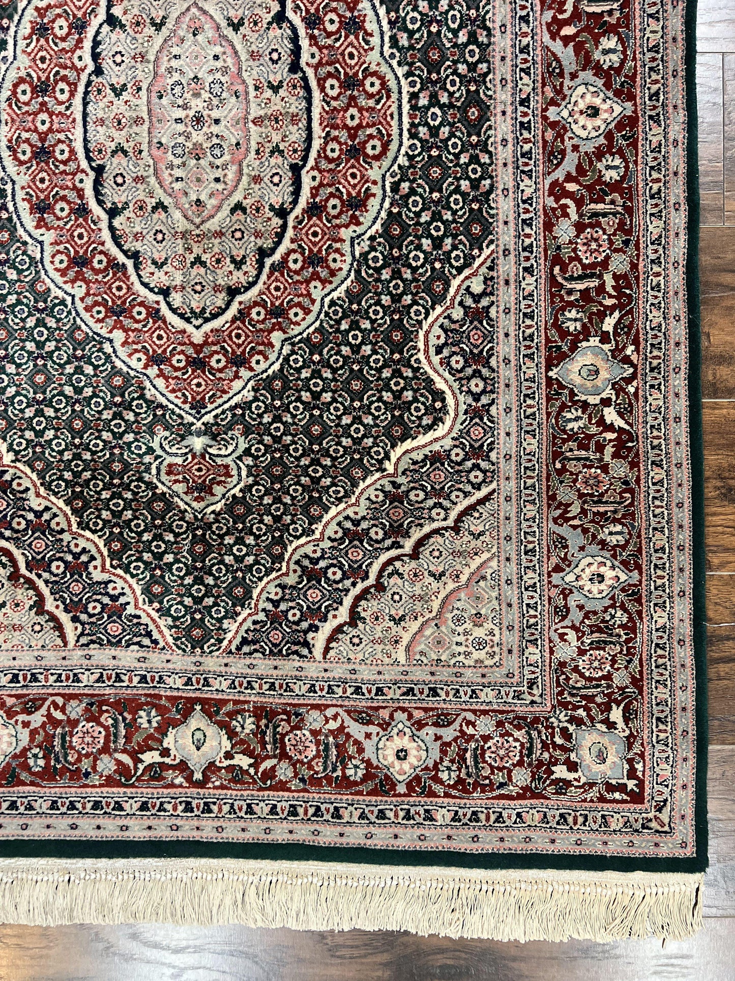 Sino Persian Rug 4x6, Wool with Silk Highlights, Fine Hand Knotted Carpet, Green & Maroon Red, Herati Medallion, Vintage Rug - Nuvé