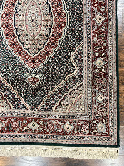 Sino Persian Rug 4x6, Wool with Silk Highlights, Fine Hand Knotted Carpet, Green & Maroon Red, Herati Medallion, Vintage Rug - Nuvé