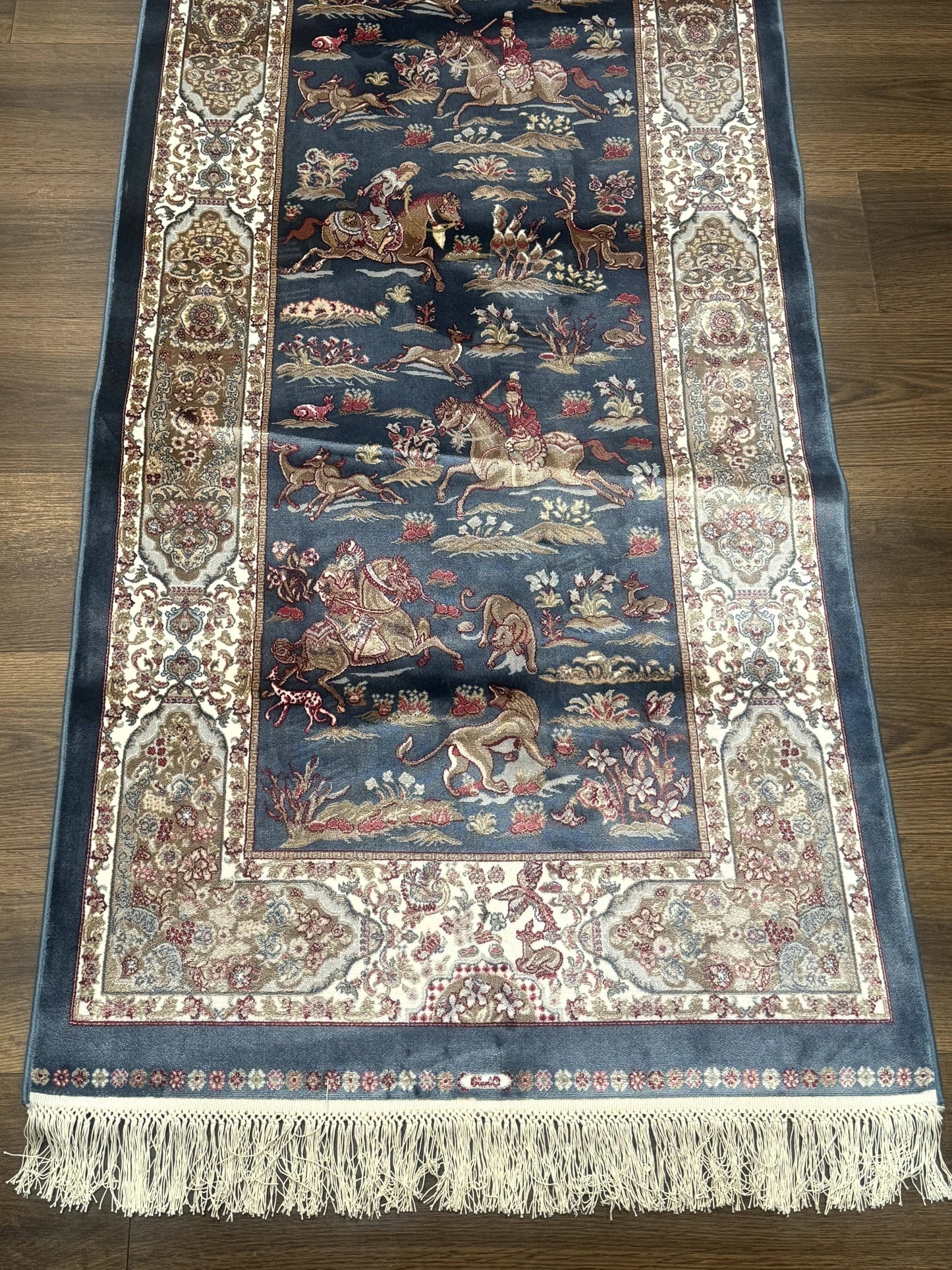 Turkish Silk Rug 2.6 x 6.7, Short Runner Rug, Blue & Ivory, Bamboo Silk, New - Nuvé