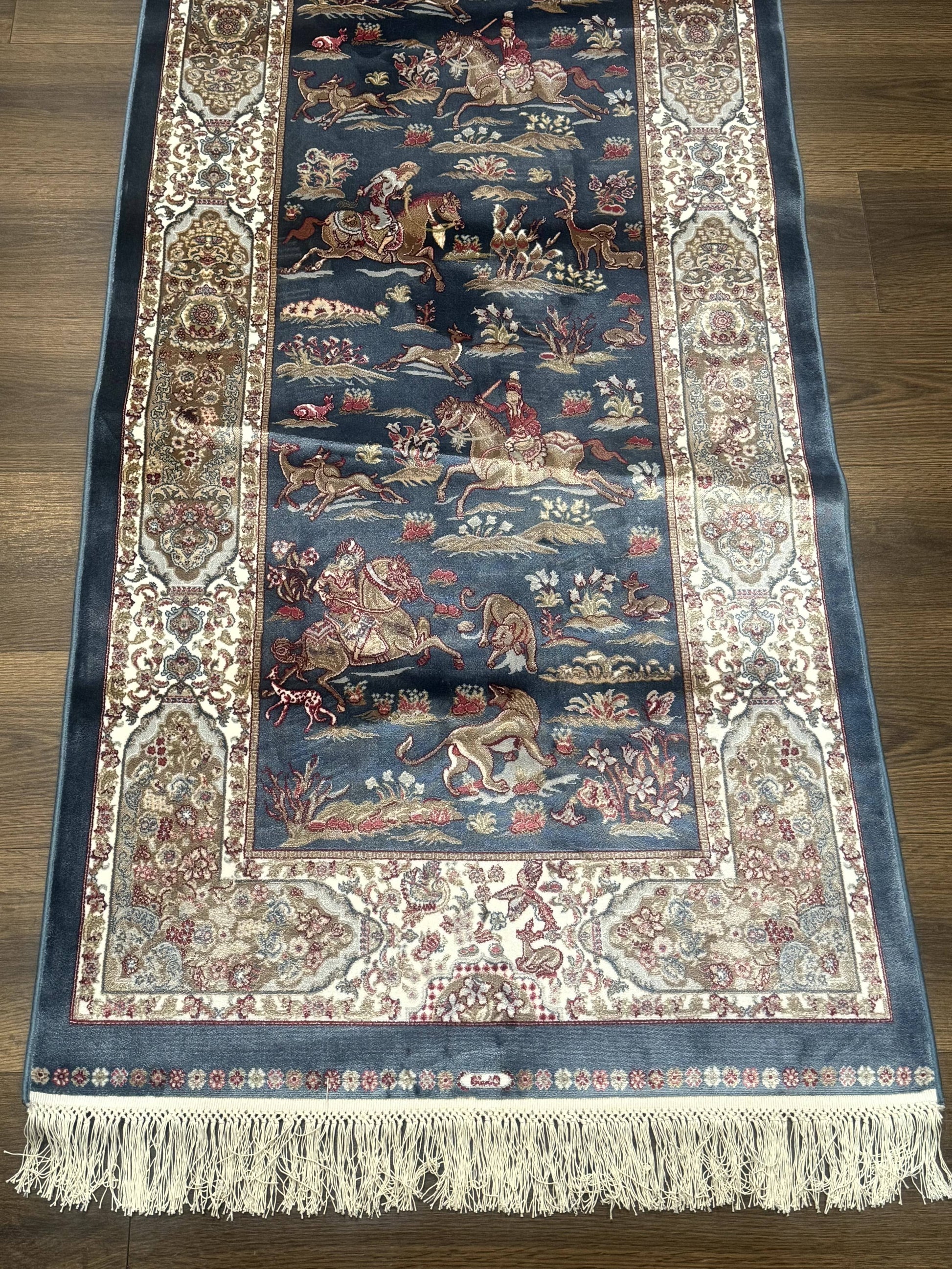 Turkish Silk Rug 2.6 x 6.7, Short Runner Rug, Blue & Ivory, Bamboo Silk, New - Nuvé