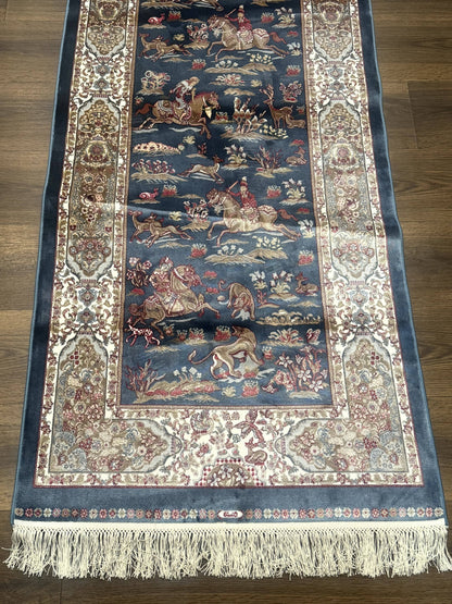 Turkish Silk Rug 2.6 x 6.7, Short Runner Rug, Blue & Ivory, Bamboo Silk, New - Nuvé