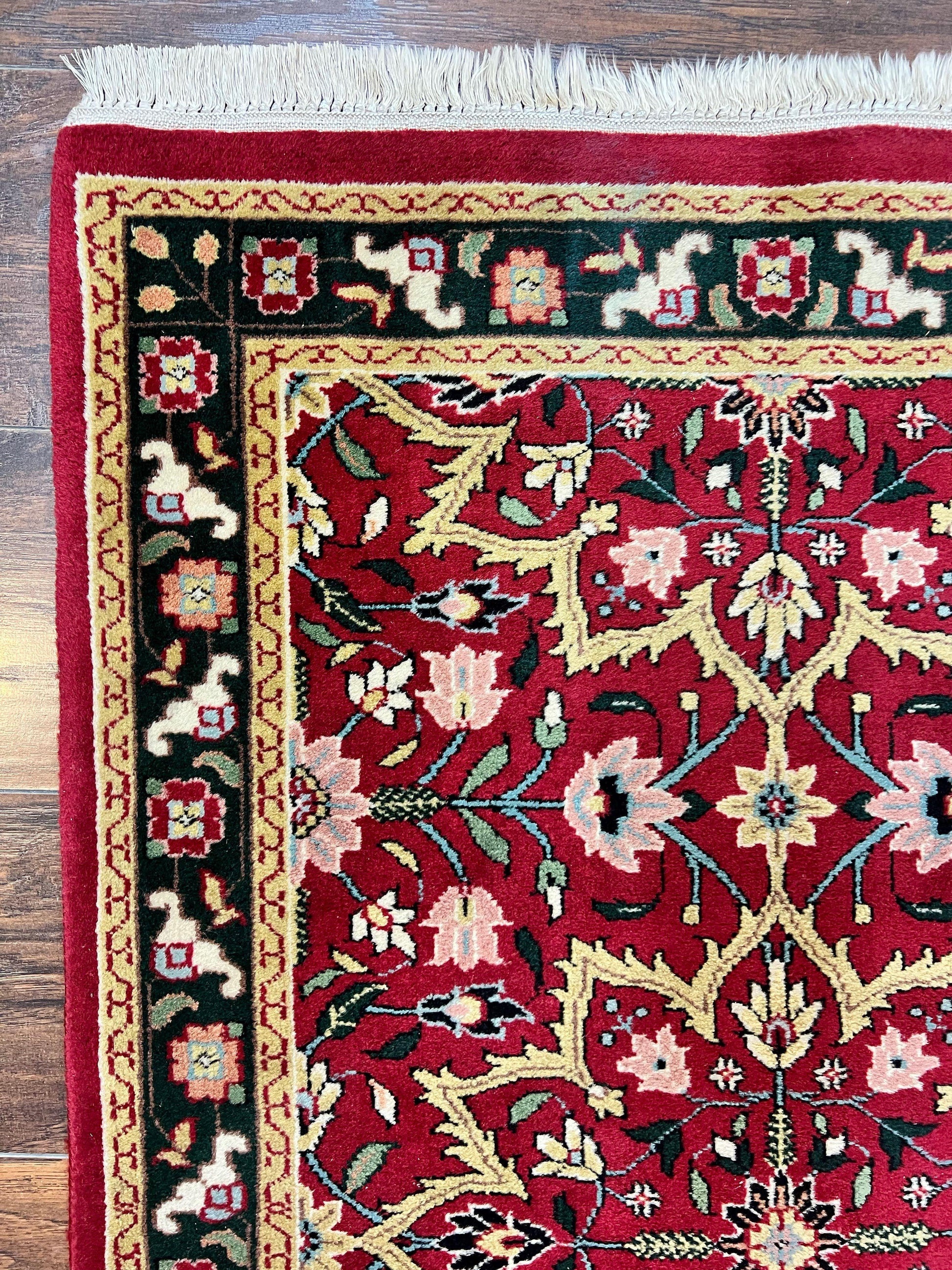 Indo Sarouk Runner Rug 2.6 x 10 ft, Floral Hand Knotted Wool Handmade Vintage Indian Hallway Rug, Red Tan Black, 10ft Persian Runner - Nuvé