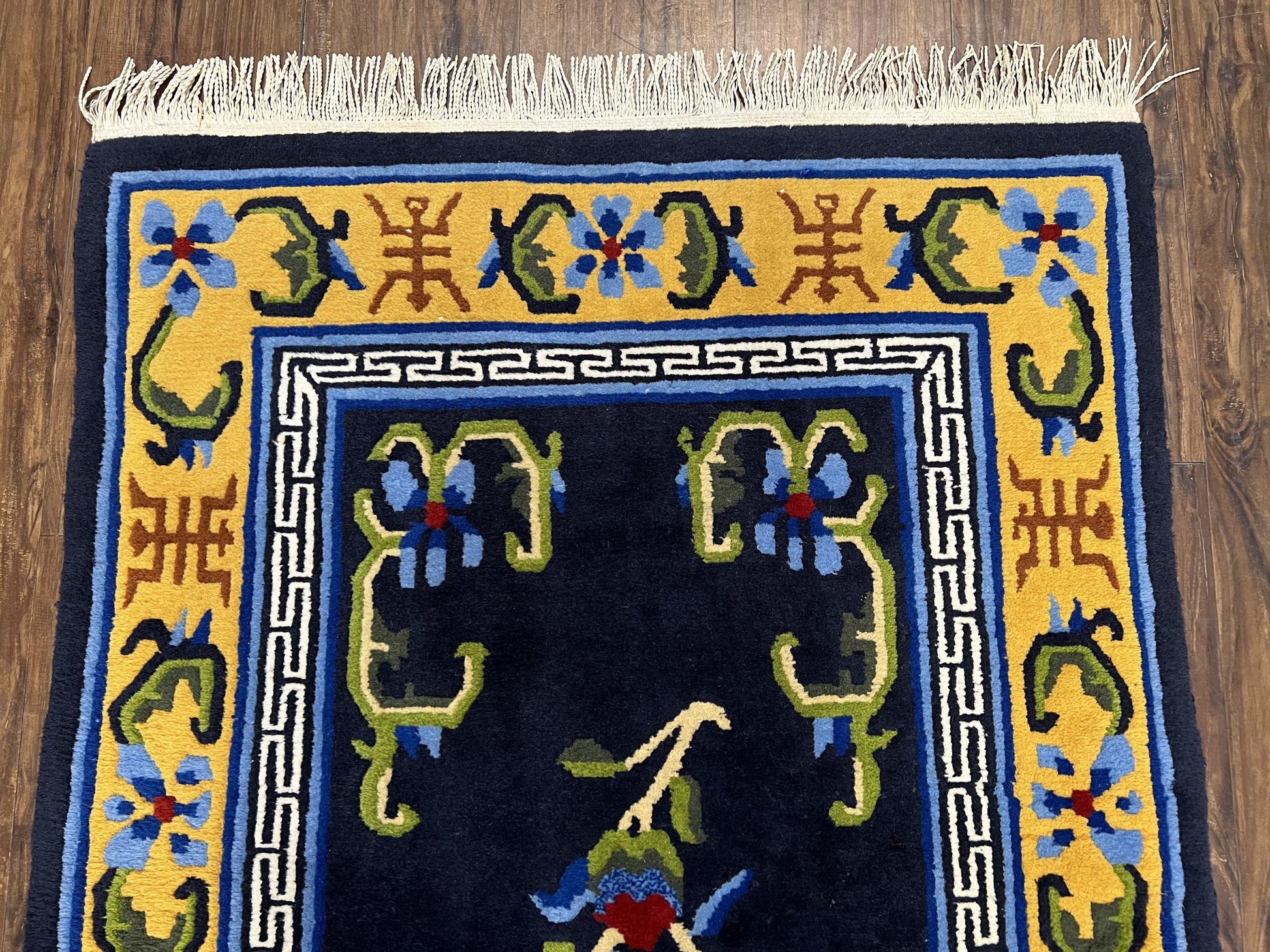 Chinese Art Deco Rug 3 x 5.9, Handmade Chinese Peking Carpet, Dark Blue and Gold, Medallion, Asian Oriental 3x6 Hand Knotted Vintage Rug - Nuvé