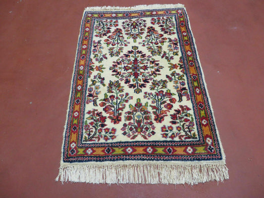 Small Persian Rug 2 x 3, Tiny Persian Sarouk Carpet, Cream Navy Blue Red, Floral Medallion, Vintage Wool Rug, Handmade Hand-Knotted Oriental Rug - Nuvé