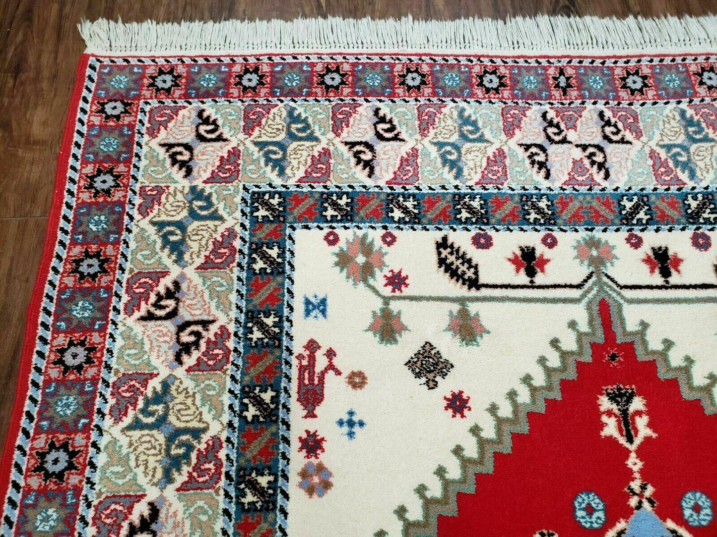 Vintage Moroccan Carpet 5x7 Area Rug, Berber Rug, Handmade Soft Wool Rug, Red Ivory and Blue, Geometric Medallion Rug, Bohemian Rug, Nice - Nuvé