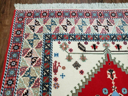 Vintage Moroccan Carpet 5x7 Area Rug, Berber Rug, Handmade Soft Wool Rug, Red Ivory and Blue, Geometric Medallion Rug, Bohemian Rug, Nice - Nuvé