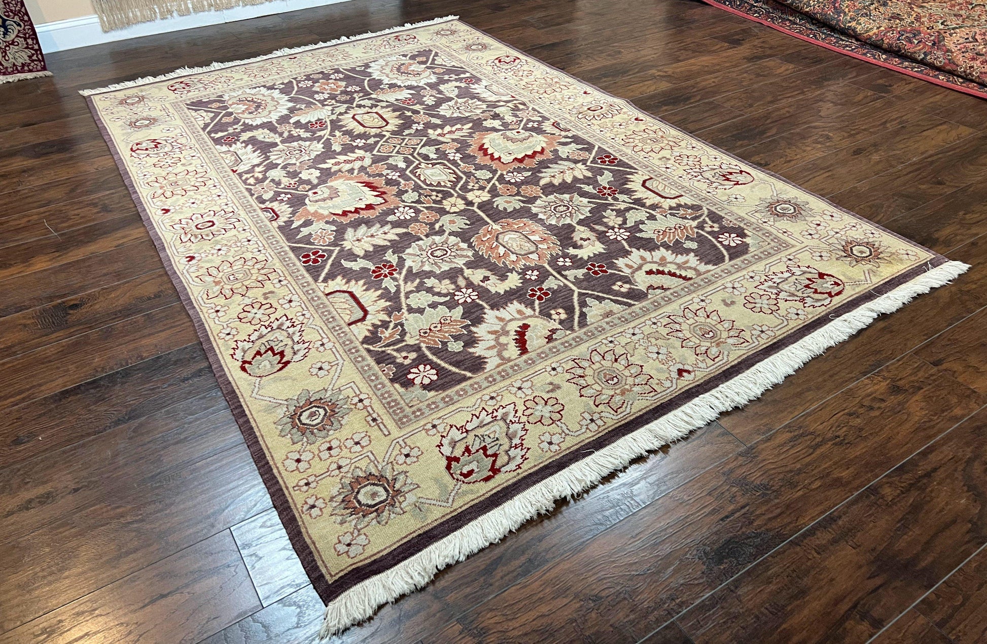 Vintage Indo Mahal Area Rug 6x9, Indian Persian Oriental Carpet 6 x 9, Puce Eggplant Tan Beige Rug, Hand-Knotted, Large Floral Design Wool - Nuvé