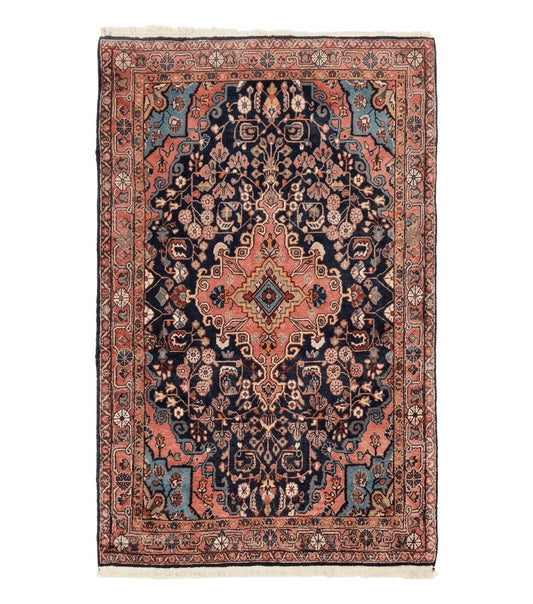 Persian Rug 3x5, Jozan Sarouk Rug, Navy Blue and Coral, Medallion Rug, Semi Antique