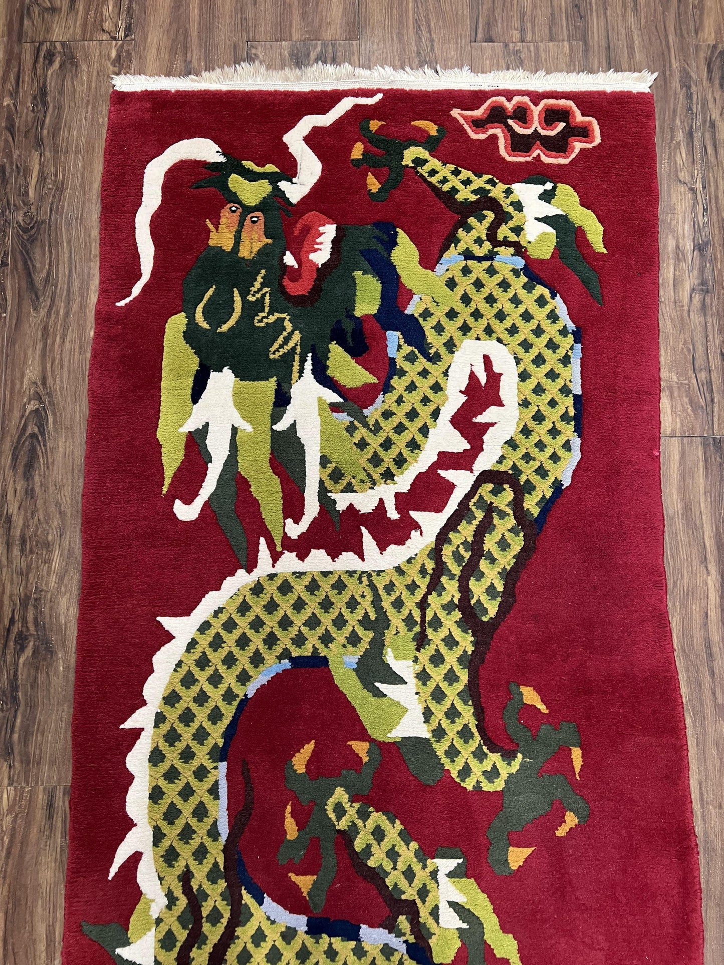 Vintage Chinese Dragon Rug 3 x 6.8, Handmade Hand Knotted Red Chinese Carpet with Gold Dragon, Art Deco Peking Soft Chinese Rug Runner - Nuvé