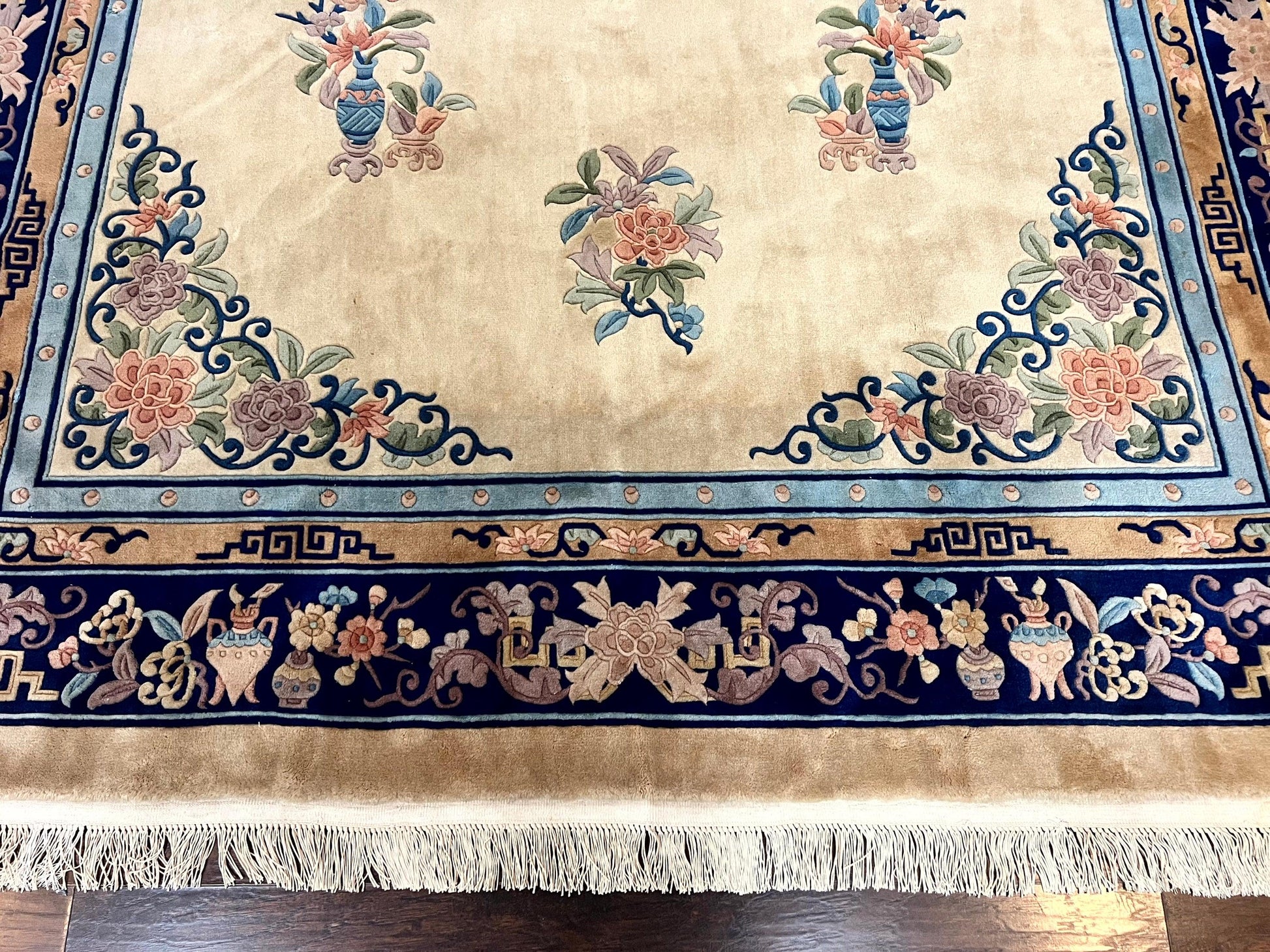 Chinese Wool Rug 8x11, Peking Asian Oriental Carpet, Cream/Ivory and Blue, Vintage Handmade Rug, Art Deco Rug - Nuvé
