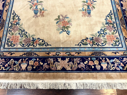 Chinese Wool Rug 8x11, Peking Asian Oriental Carpet, Cream/Ivory and Blue, Vintage Handmade Rug, Art Deco Rug - Nuvé