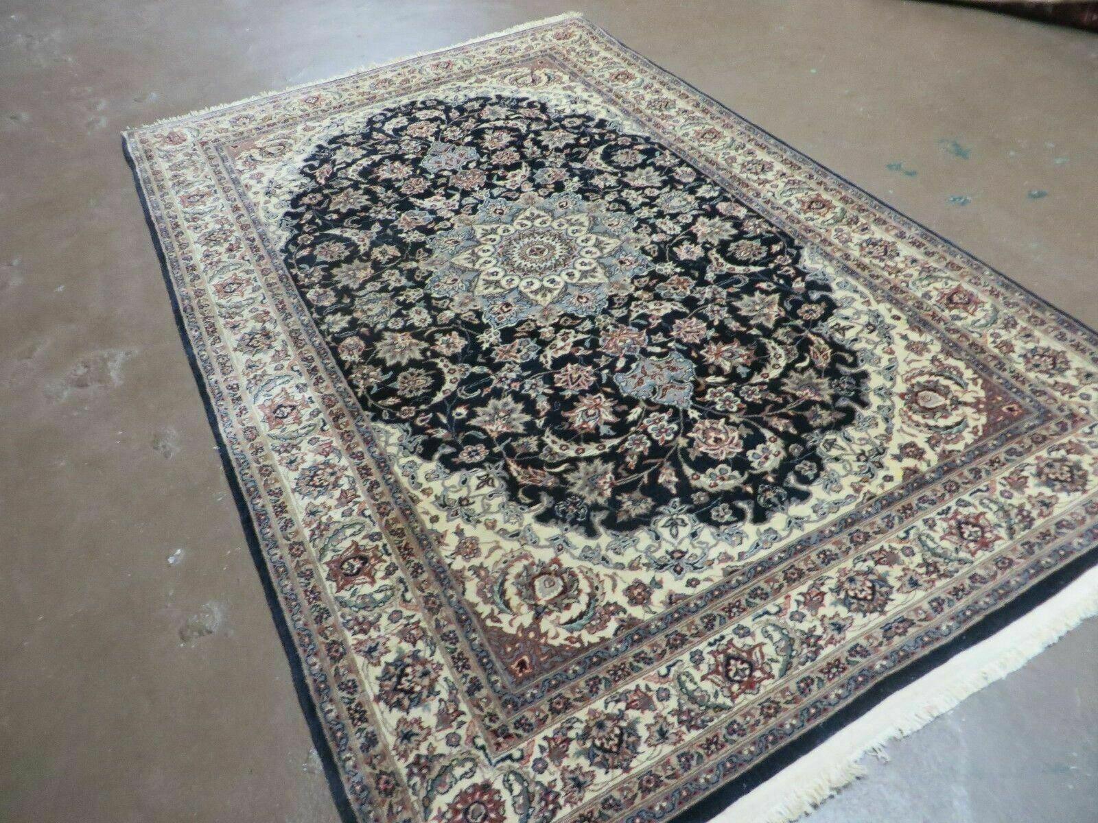 4' X 7' Vintage Handmade India Wool Silk Accent Rug Hand Knotted Black Organic - Nuvé