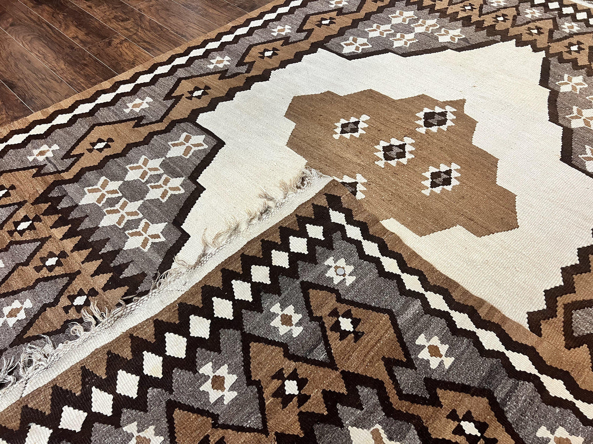 Antique Persian Fars Kilim Rug 8x11, Wool, Boho Tribal Persian Shiraz Flatweave Carpet, Semi Open Field, Geometric, Handmade, Vintage Semi Antique