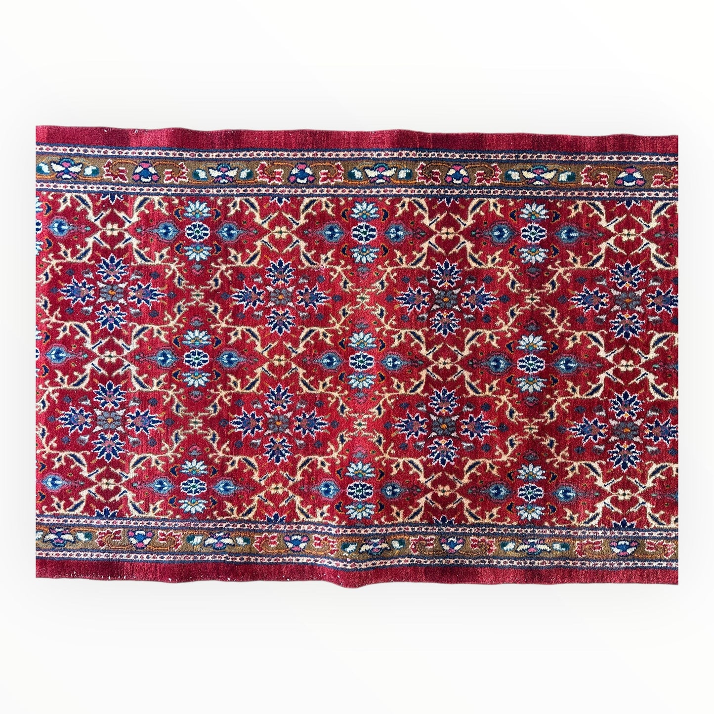 Vintage Mashhad Wool Runner – 3’3” x 8’4” – 1970s, Rich Red with Blue & Beige Accents - Nuvé