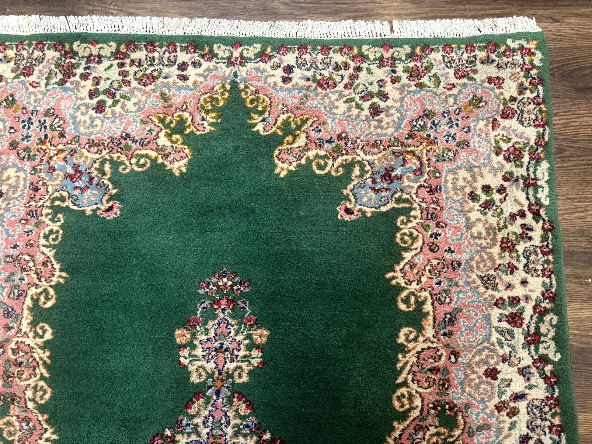 Green Persian Kerman Rug 4x6, Semi Open Field, Green & Cream, Vintage - Nuvé