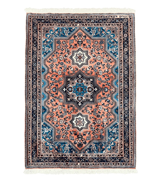 Persian Shiraz Rug 3x5, Geometric Tribal Rug, Wool Hand Knotted Vintage Carpet, Light Red & Blue, Signed by Masterweaver