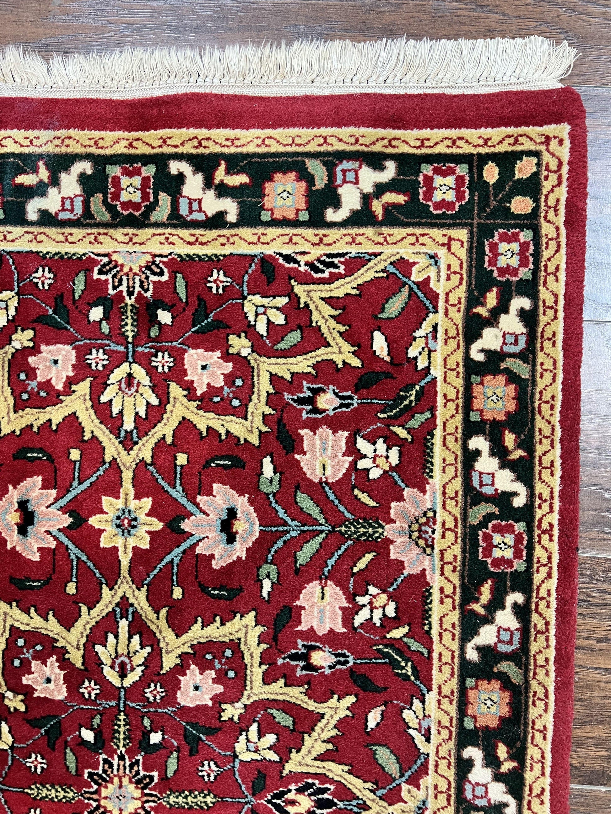 Indo Sarouk Runner Rug 2.6 x 10 ft, Floral Hand Knotted Wool Handmade Vintage Indian Hallway Rug, Red Tan Black, 10ft Persian Runner - Nuvé
