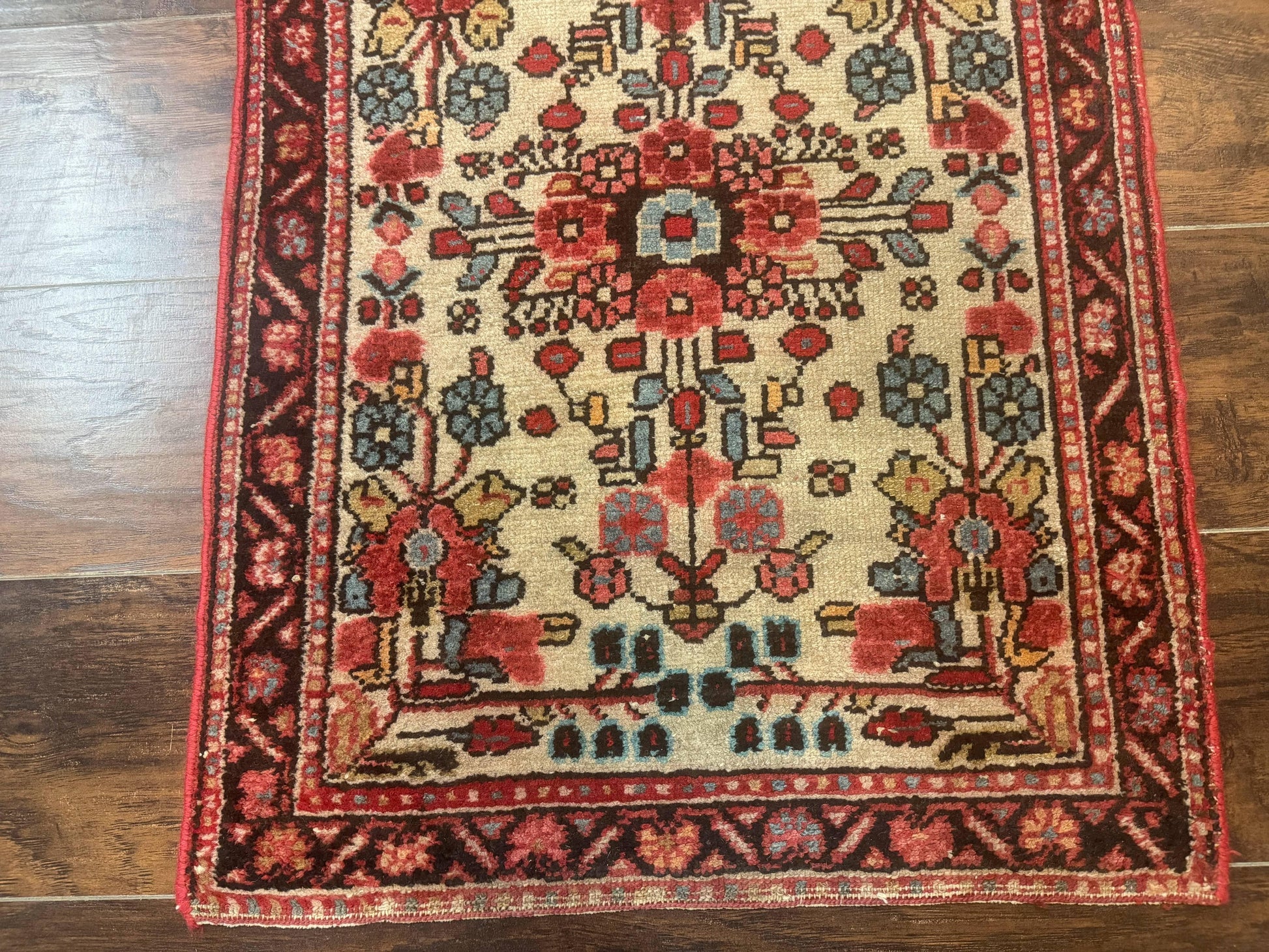 Small Antique Persian Rug 2x3, Beige and Red, Floral, Wool, Hamadan Rug - Nuvé