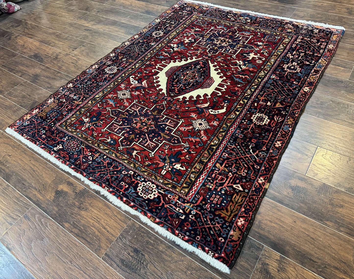 Persian Karajeh Rug 5x6, Antique Heriz Carpet, Geometric, Persian Tribal Rug, Brick Red Navy Blue - Nuvé