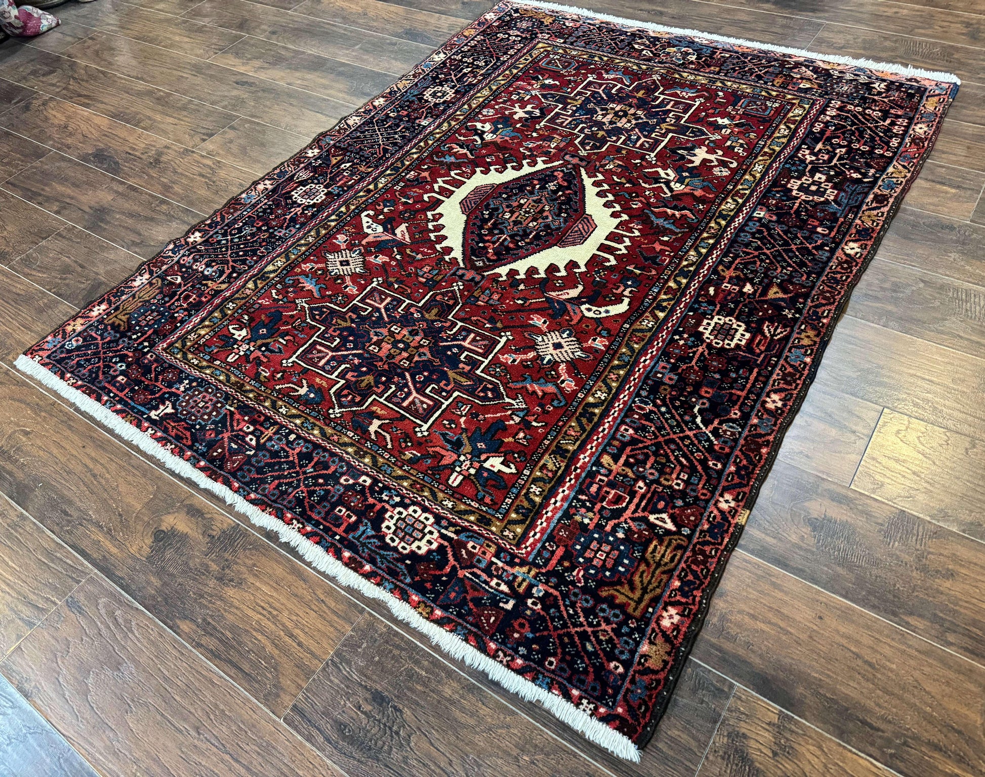 Persian Karajeh Rug 5x6, Antique Heriz Carpet, Geometric, Persian Tribal Rug, Brick Red Navy Blue - Nuvé