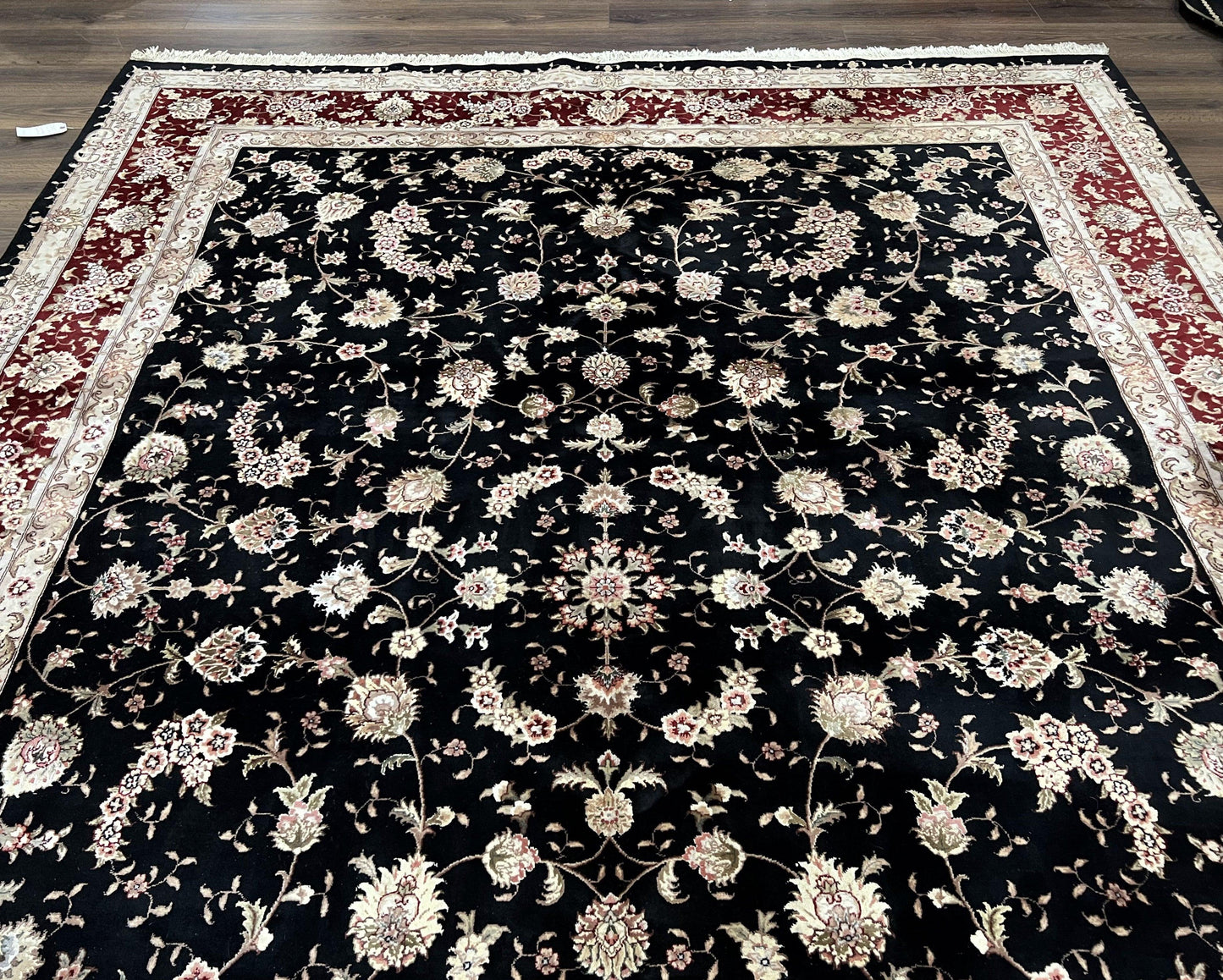 Sino Persian Rug 9x12, High Quality Oriental Carpet, Black and Maroon, Wool and Silk, Allover Floral Pattern, Hand Knotted, Vintage Rug Nice - Nuvé