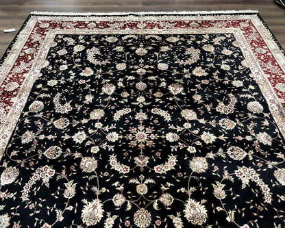 Sino Persian Rug 9x12, High Quality Oriental Carpet, Black and Maroon, Wool and Silk, Allover Floral Pattern, Hand Knotted, Vintage Rug Nice - Nuvé