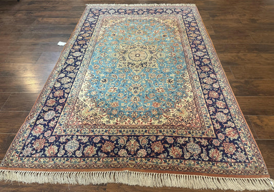 Light Blue Persian Isfahan Rug 5x8, Floral Medallion, Wool on Silk Foundation, Very Fine 530 KPSI, Handmade Carpet - Nuvé