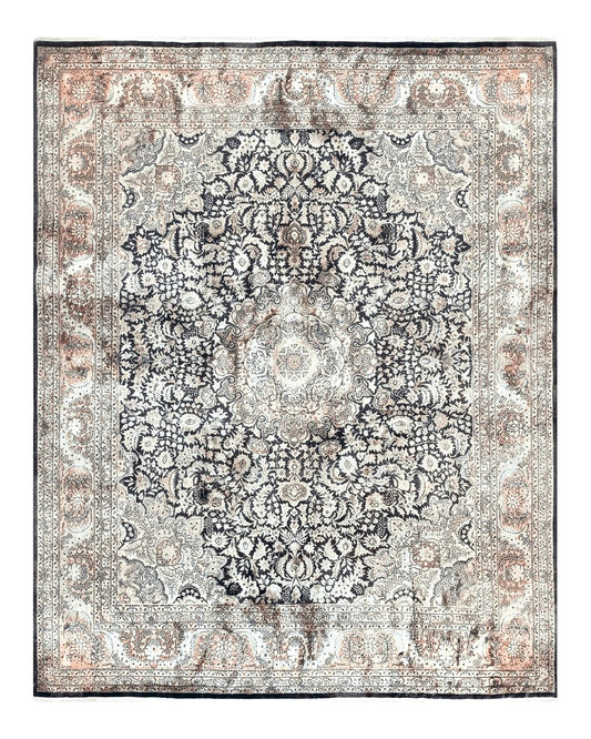 Silk Indian Kashmiri Rug 8x10, Floral Medallion, Indo Persian Carpet, Handmade Vintage Silk Rug