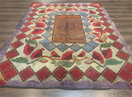 Vintage American Hooked Rug 6x7, Unique Colors, Red Lavender Cream, Abstract - Nuvé