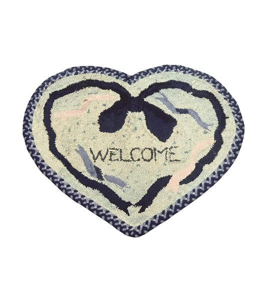 Small American Hooked Rug, Vintage Welcome Mat, Heart Shaped, Ivory and Blue