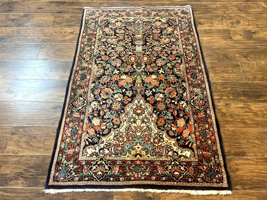 Persian Saoruk Rug 4x5, Navy Blue and Red, Floral, Antique Persian Wool Carpet, Handmade - Nuvé