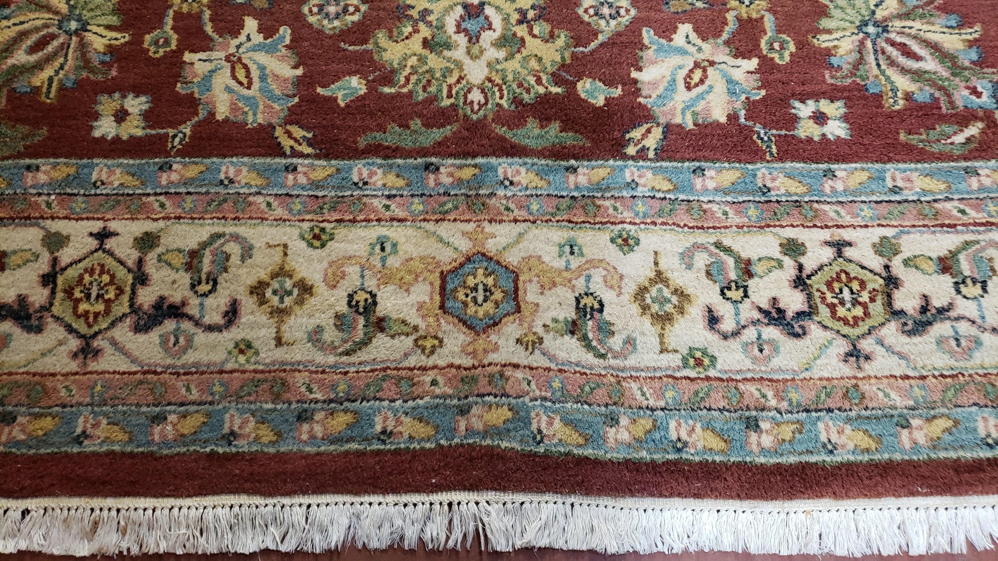 8x12 Indo-Mahal Rug, Floral Allover, Red & Beige, Wool Vintage Handmade Traditional Carpet - Nuvé