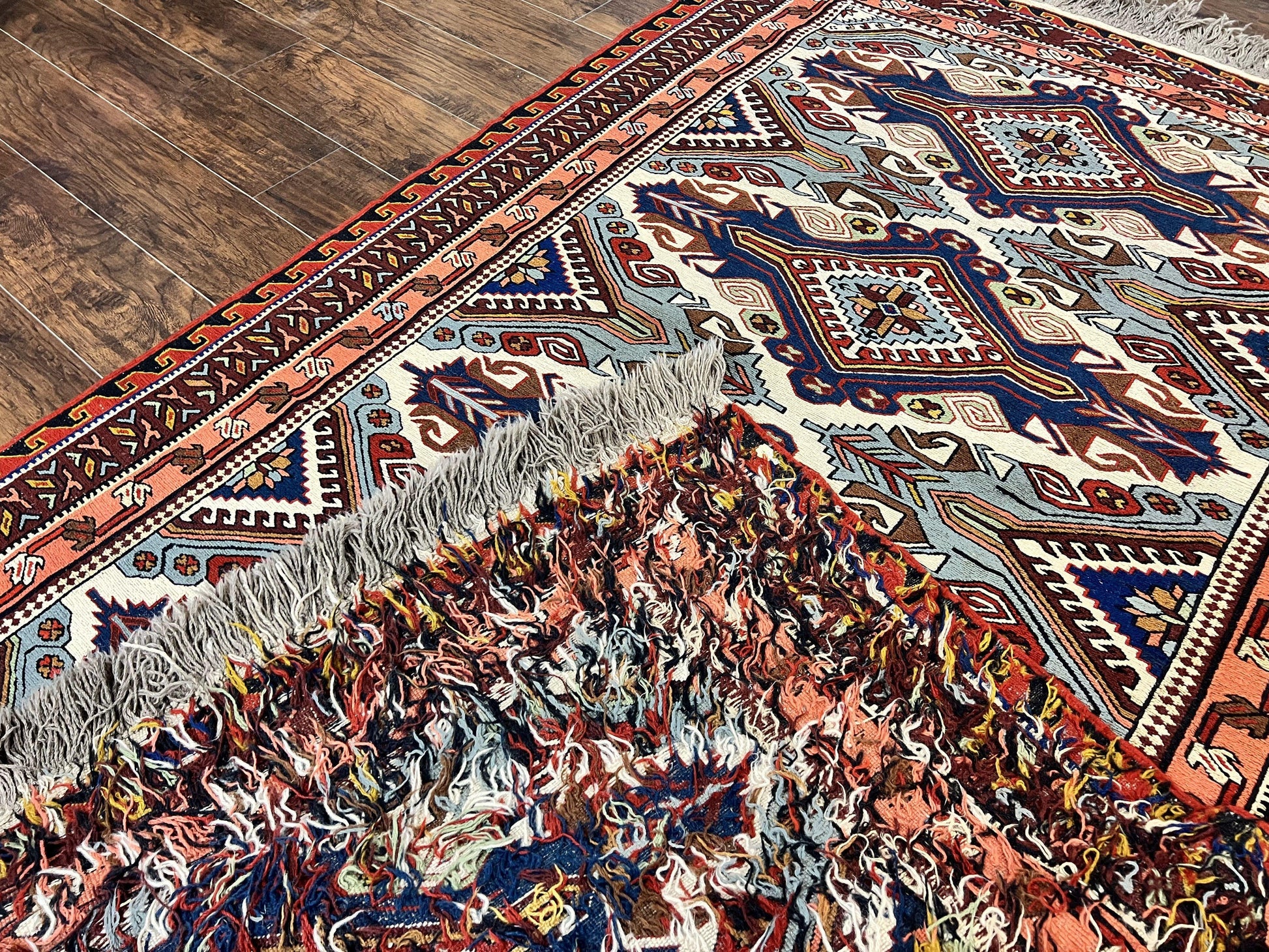Russian Soumak Rug 6x8, Wool Handmade Antique Kilim Carpet, Multicolor 6 x 8 Geometric Medallions Caucasian Rug, Medium Size - Nuvé