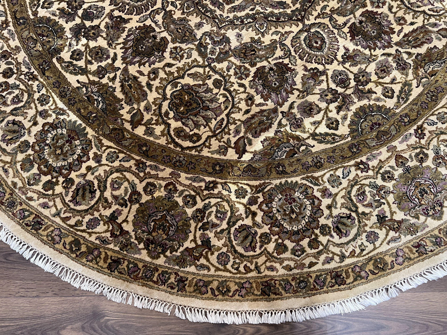 Round Indo Persian Rug 8x8 ft, Large Hand Knotted Vintage Wool Circular Carpet, 8ft Round Oriental Rug, Floral Medallion, Cream and Green - Nuvé
