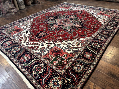 Indo Persian Heriz Rug 8x10, Geometric Medallion, Brick Red Ivory Navy Blue, Room Sized Heriz Carpet, Wool Rug - Nuvé